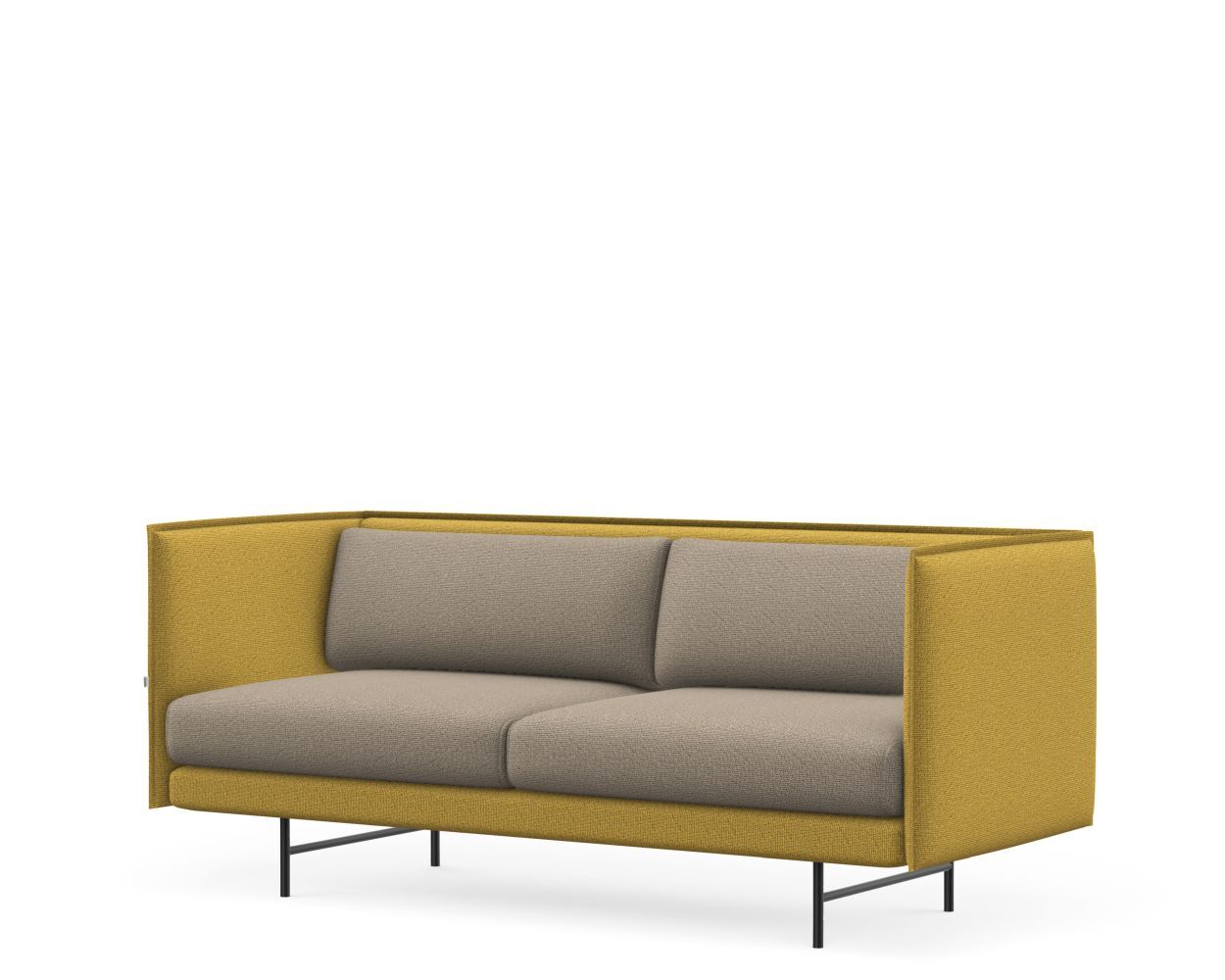 Gelbes Sofa mit grauen Kissen, moderne Optik, auf schwarzen Metallbeinen, ideal für stilvolle Büroeinrichtung.