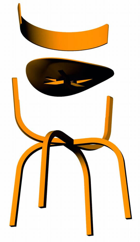 Illustration eines Stuhls in Einzelteilen, orangefarben mit geschwungenen Elementen. Ergonomisches Design betont.