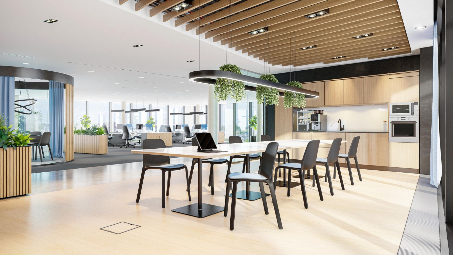 Modernes Büro mit großer Tischgruppe, hängenden Pflanzen, Küchenzeile und ergonomischem Design für dynamisches Sitzen.