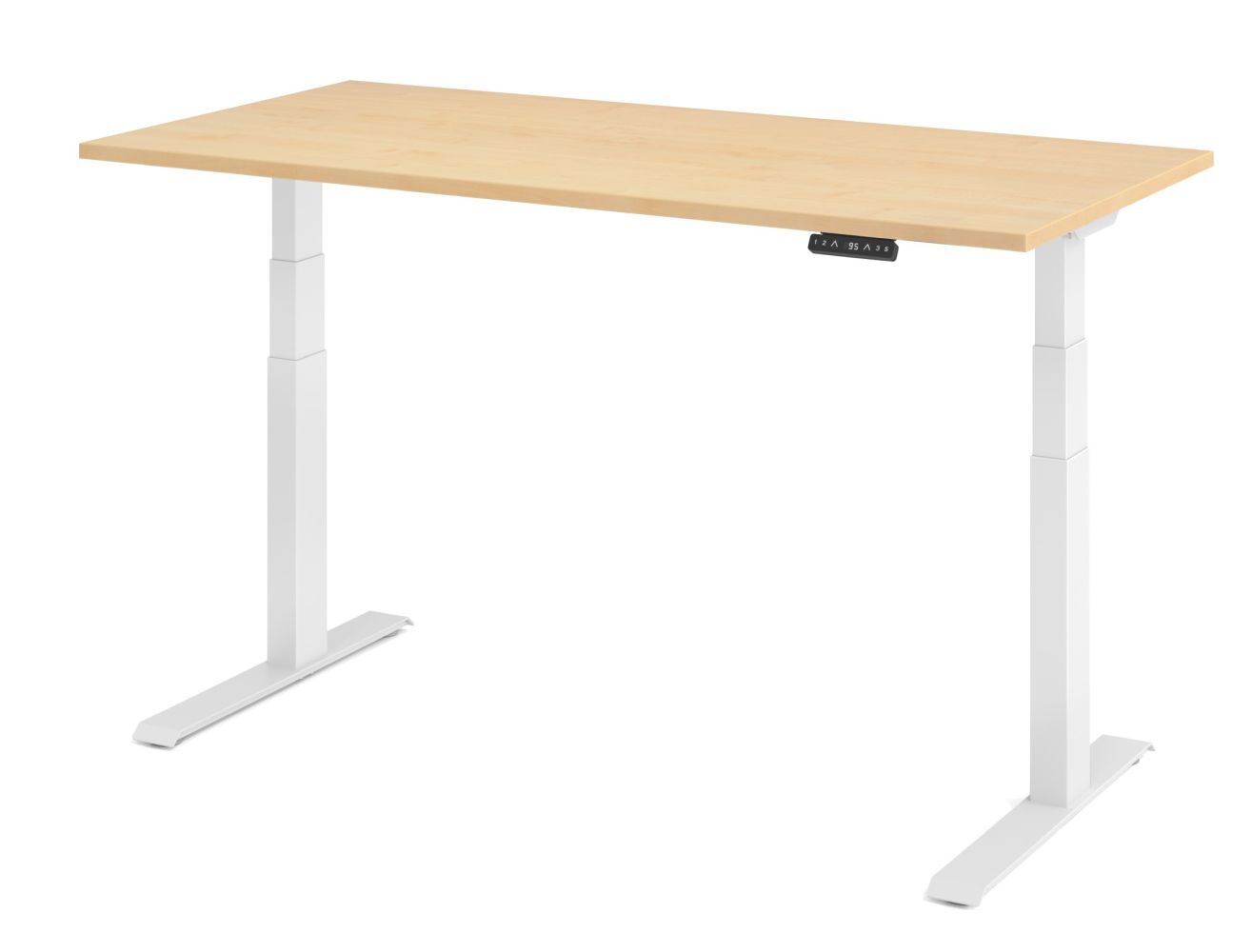 Höhenverstellbarer Schreibtisch mit hellbrauner Tischplatte und weißem Gestell, ideal für ergonomisches Arbeiten.
