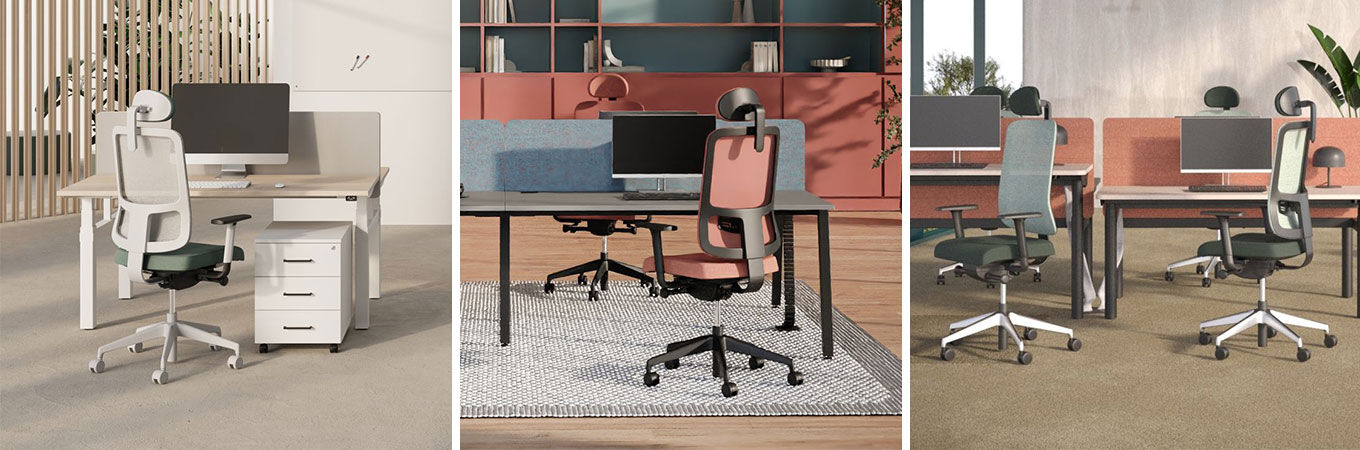 Drei moderne ergonomische Bürostühle in stilvollen Büroumgebungen, jeweils an einem Schreibtisch mit Bildschirm.