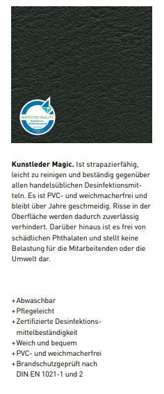 Schwarze Kunstlederstruktur, zertifiziert desinfektionsmittelbeständig, PVC-frei, weichmacherfrei, umweltfreundlich, leicht zu reinigen und pflegeleicht.