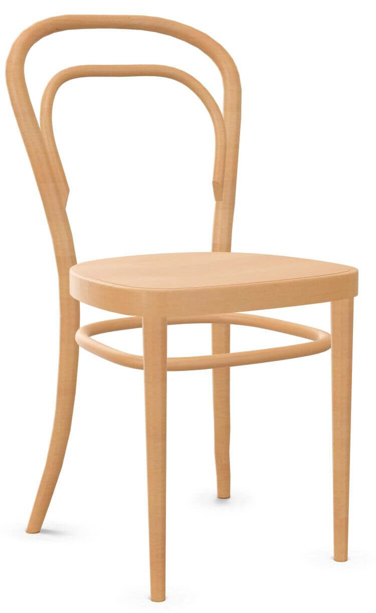 Klassischer Holzstuhl mit gebogener Rückenlehne, bekannt für minimalistisches Design und robuste Bauweise.