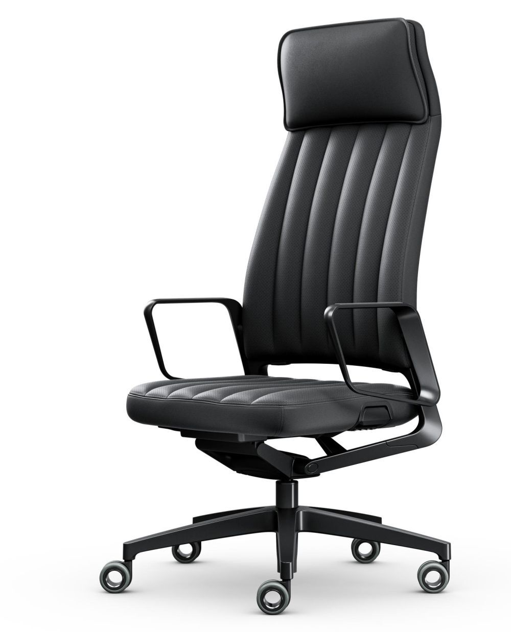 Ergonomischer Bürostuhl in Schwarz mit hoher Rückenlehne und Rollen, ideal für gesundes Sitzen im Büro.