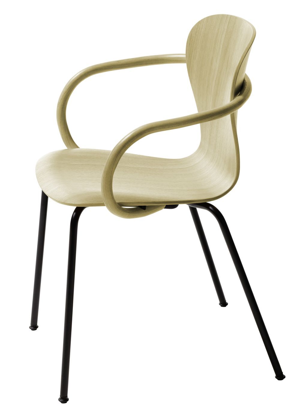 Moderner ergonomischer Stuhl mit geschwungener Holzlehne und schwarzen Metallbeinen, ideal für dynamisches Sitzen.