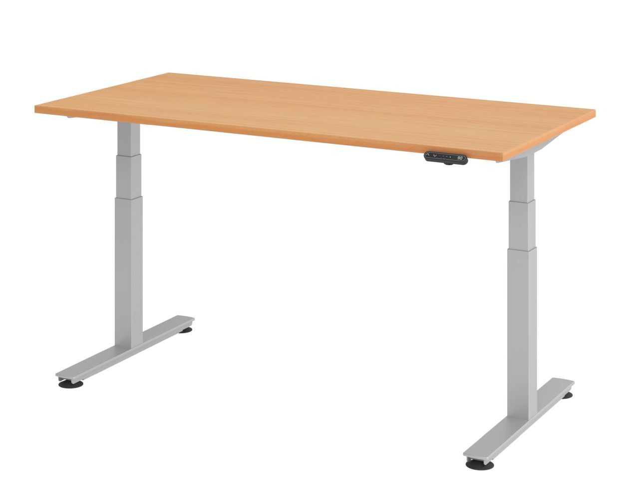 Höhenverstellbarer Schreibtisch mit Holzplatte und silbernem Gestell, ideal für ergonomisches Arbeiten im Büro.