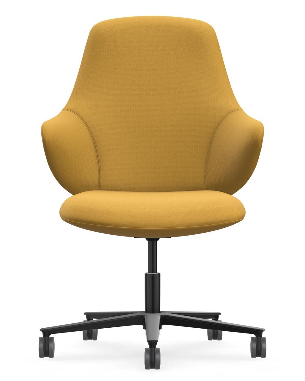 Senfgelber ergonomischer Bürostuhl mit fünf Rollen und geschwungener Rückenlehne für dynamisches Sitzen.