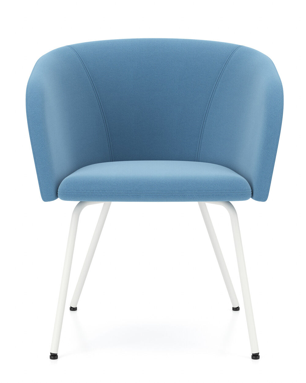 Blauer, ergonomischer Stuhl mit gebogener Rückenlehne und weißen Beinen, ideal für dynamisches Sitzen.