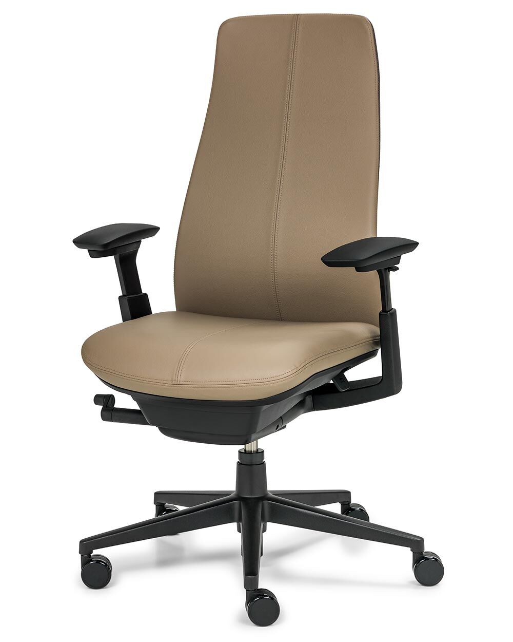 Ergonomischer Bürostuhl mit hoher Rückenlehne, gepolstert in Beige, verstellbare Armlehnen, schwarz, auf Rollen.