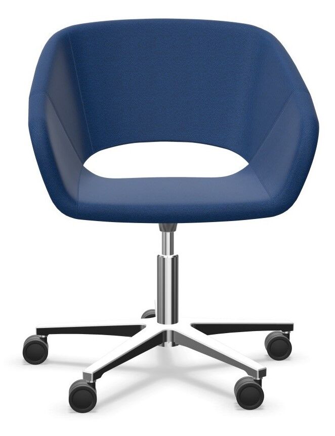 Ergonomischer Bürostuhl in Blau mit drehbaren Rädern und moderner, offener Rückenlehne.