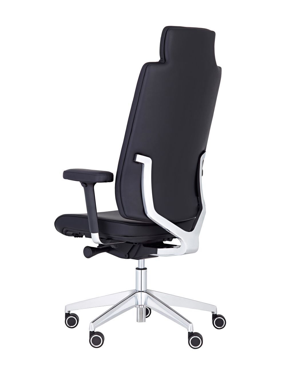 Ergonomischer Bürostuhl mit hoher Rückenlehne, schwarzen Bezug und verchromtem Fußkreuz auf Rollen.