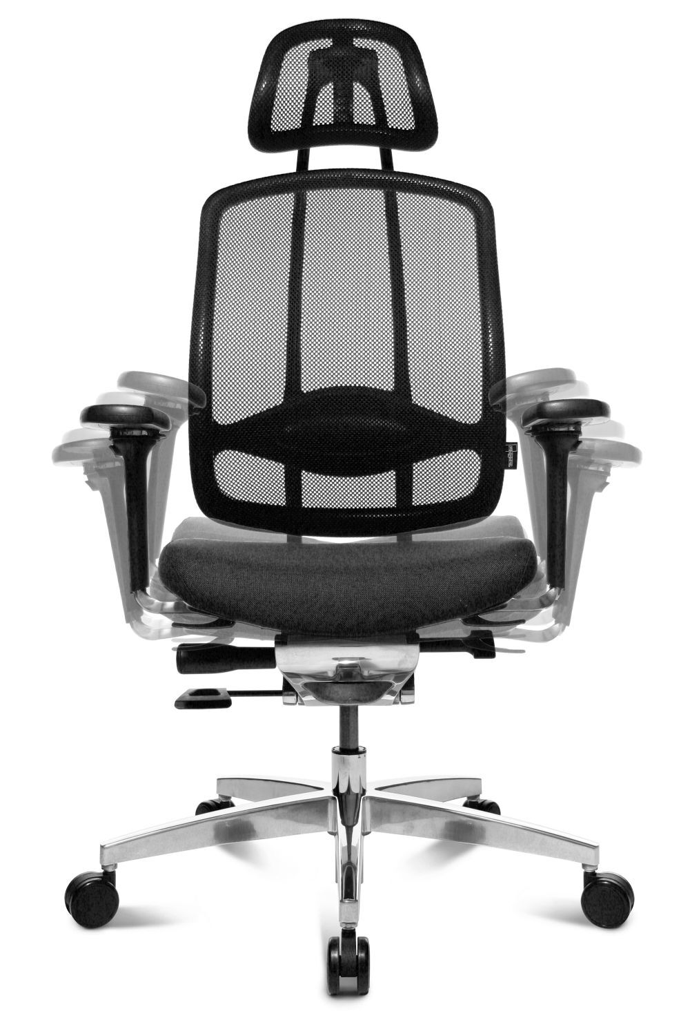 Ergonomischer Bürostuhl mit Netzrückenlehne, Kopfstütze und verstellbaren Armlehnen, ideal für dynamisches Sitzen.