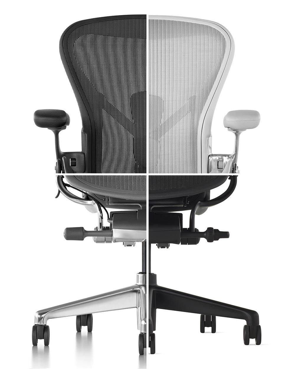 Vergleich eines Bürodrehstuhls in schwarz und weiß, zeigt ergonomisches Design und Materialdetails.