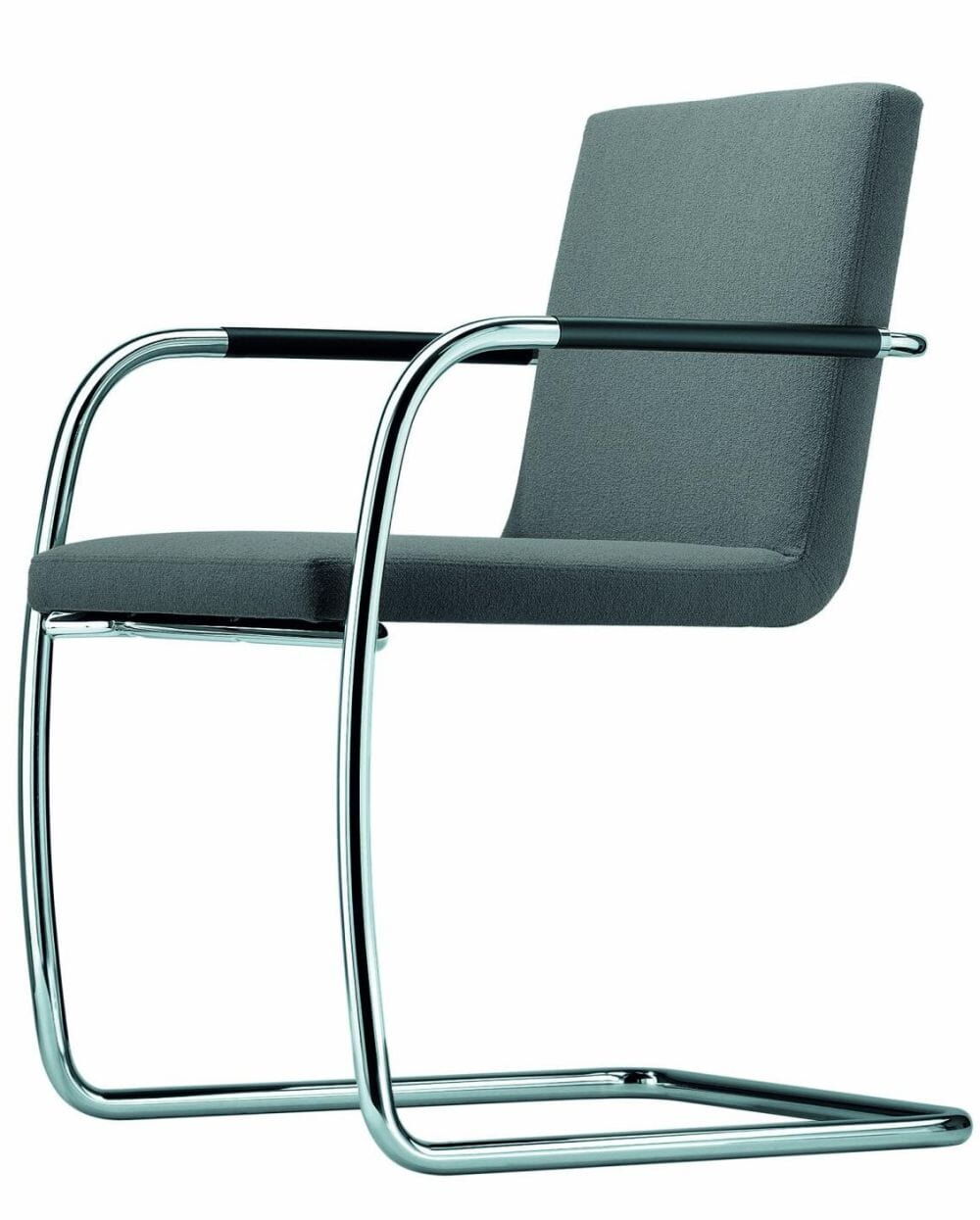 Moderner Freischwingerstuhl mit grauem Stoffbezug und verchromtem Stahlrahmen, ideal für ergonomisches Sitzen.