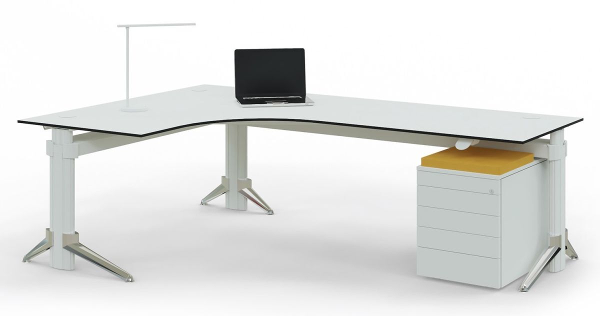 Ergonomischer Schreibtisch mit Laptop, LED-Lampe und Schubladeneinheit, ideal für dynamische Arbeitsumgebungen.