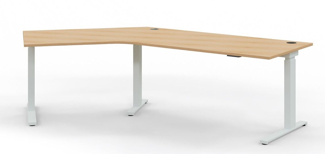Eckschreibtisch mit weißem Gestell und Holzplatte, ideal für ergonomisches, dynamisches Arbeiten im Büro.