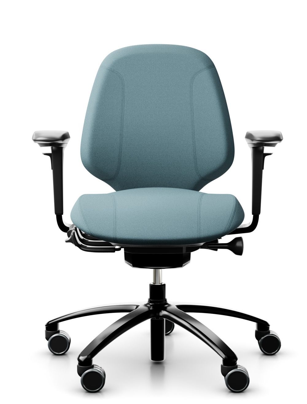Ergonomischer Bürostuhl mit blauer Polsterung und verstellbaren Armlehnen, ideal für dynamisches Sitzen im Büro.