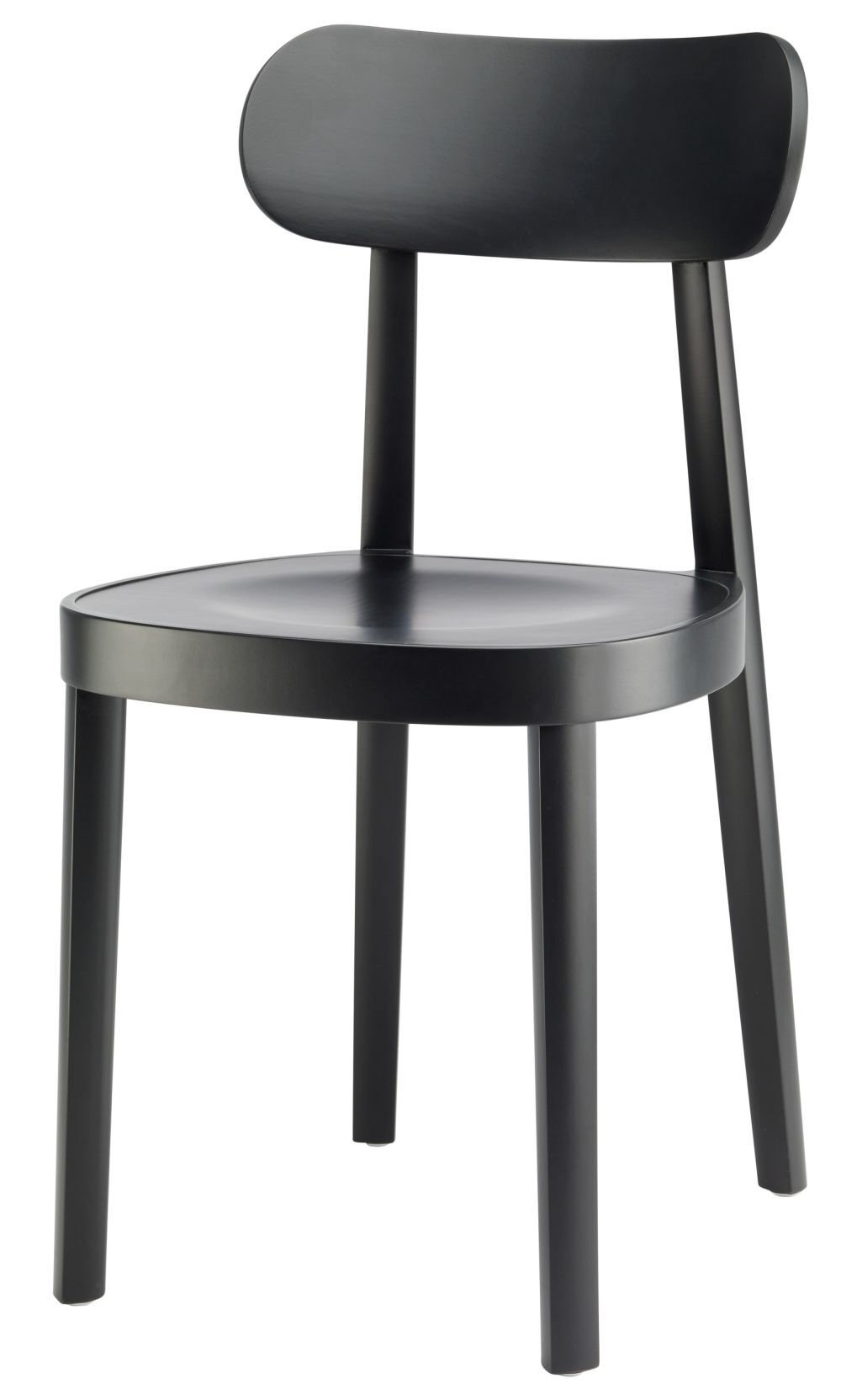 Schwarzer minimalistisch gestalteter Stuhl mit runder Sitzfläche und gewölbter Rückenlehne aus Holz.