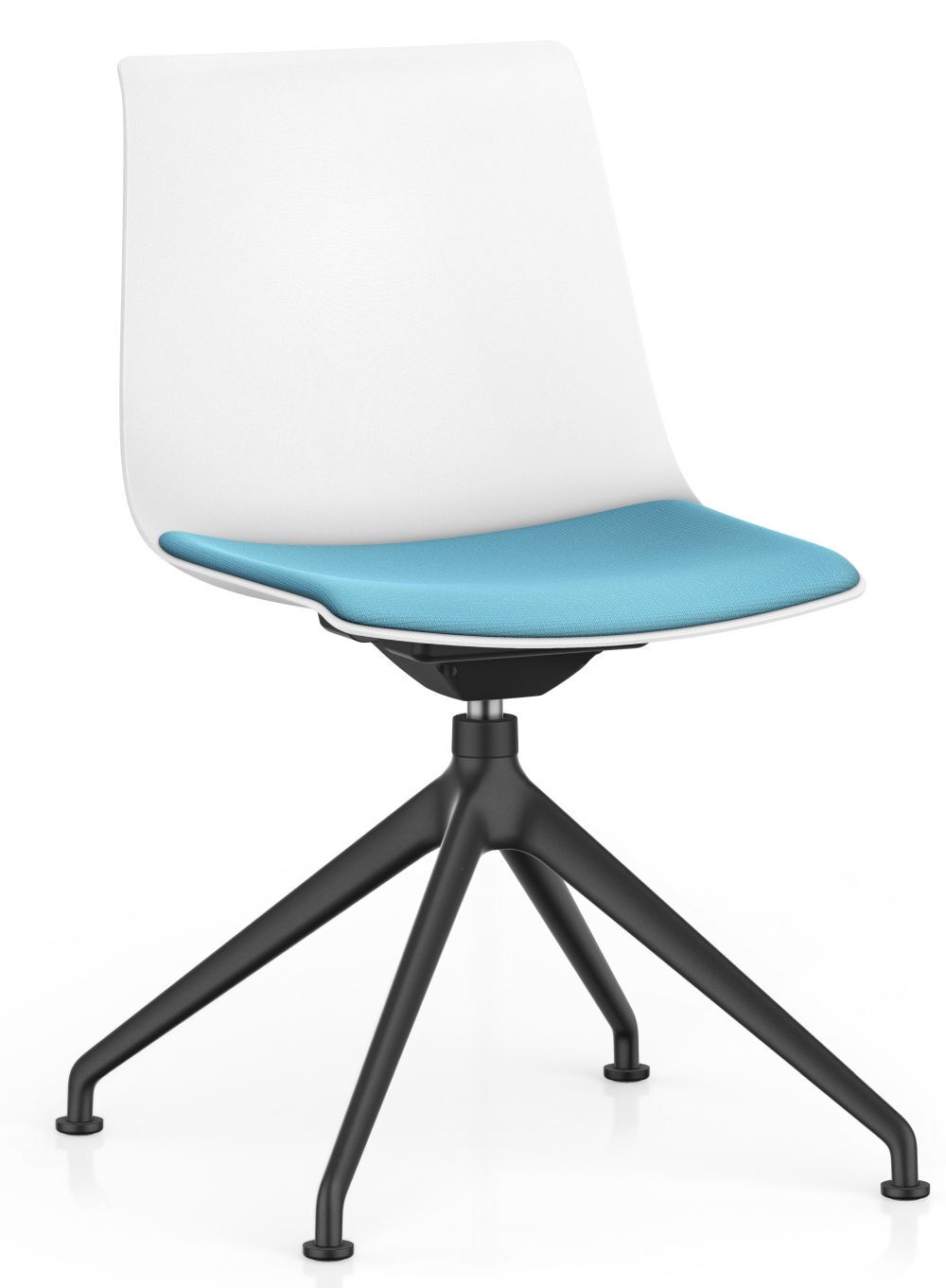 Moderner Bürostuhl mit weißer Rückenlehne, blauem Sitzpolster und schwarzem Vierbeinfuß für ergonomisches Sitzen.