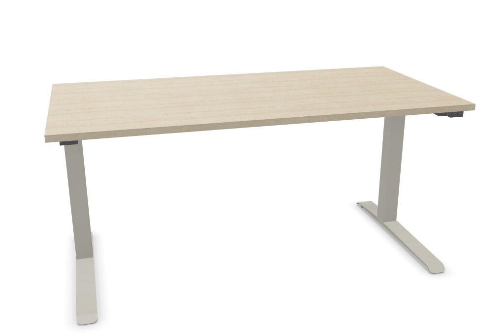 Moderner höhenverstellbarer Schreibtisch mit heller Holzplatte und weißen Metallbeinen für ergonomische Arbeitsumgebungen.