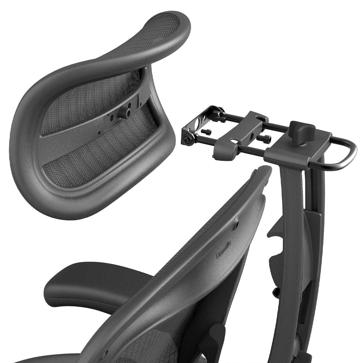 Ergonomische Kopfstütze eines Bürostuhls mit Netzelementen, abgenommen zur Detailansicht.