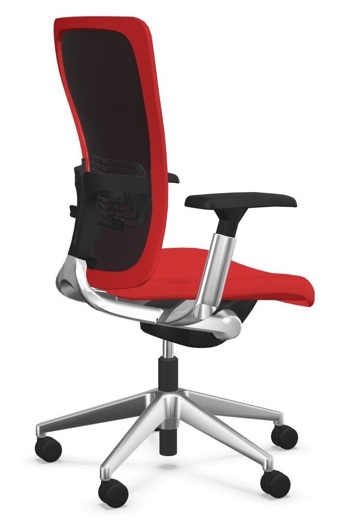 Moderner ergonomischer Bürostuhl mit rotem Netzrücken und silbernem Gestell, fördert bewegtes Sitzen.