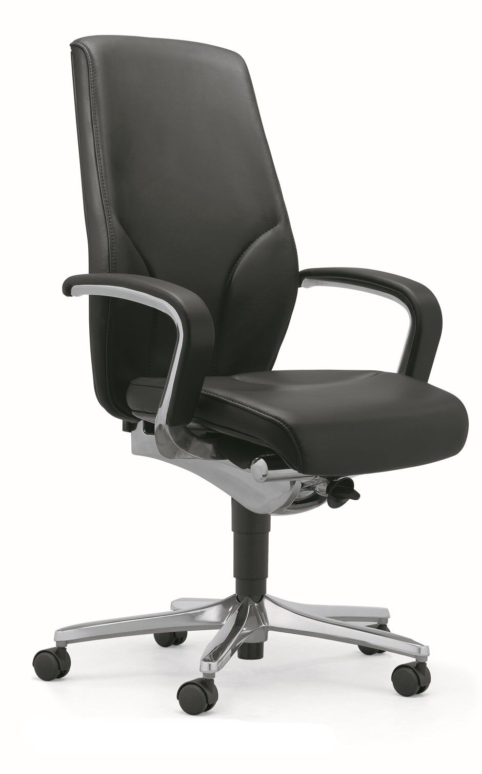 Ergonomischer schwarzer Bürostuhl mit verstellbaren Armlehnen und Rollen für dynamisches Sitzen im modernen Büro.