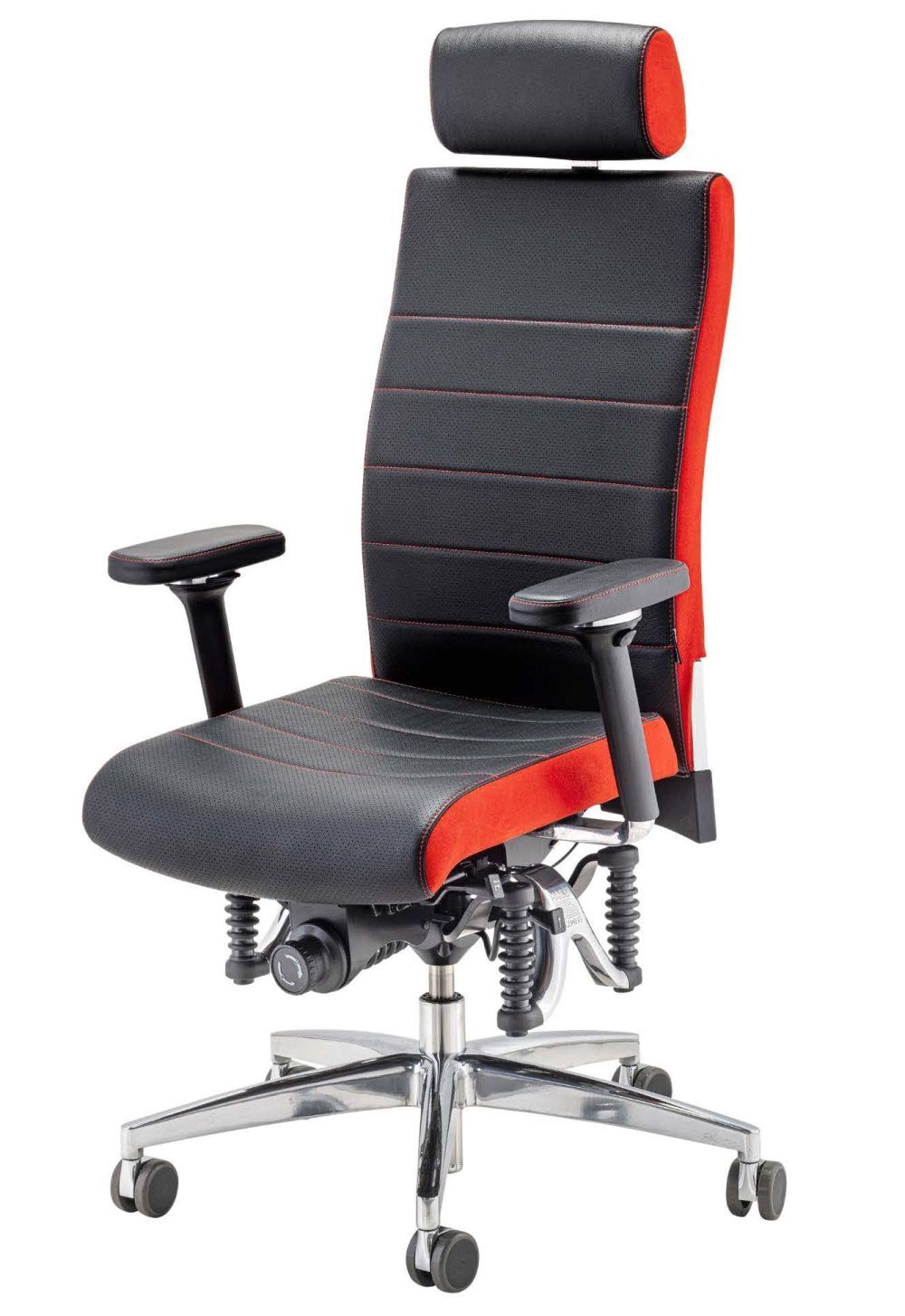 Ergonomischer Bürostuhl in Schwarz und Rot mit Kopfstütze und Armlehnen auf einem verstellbaren Metallgestell.