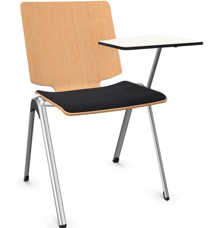 Moderner ergonomischer Stuhl mit Holzoptik, schwarzem Sitzpolster und integrierter Tischplatte auf Metallbeinen.