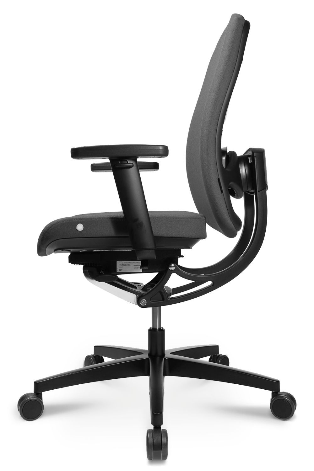 Seitenansicht eines ergonomischen Bürostuhls mit verstellbaren Armlehnen und dynamischem Sitzmechanismus.