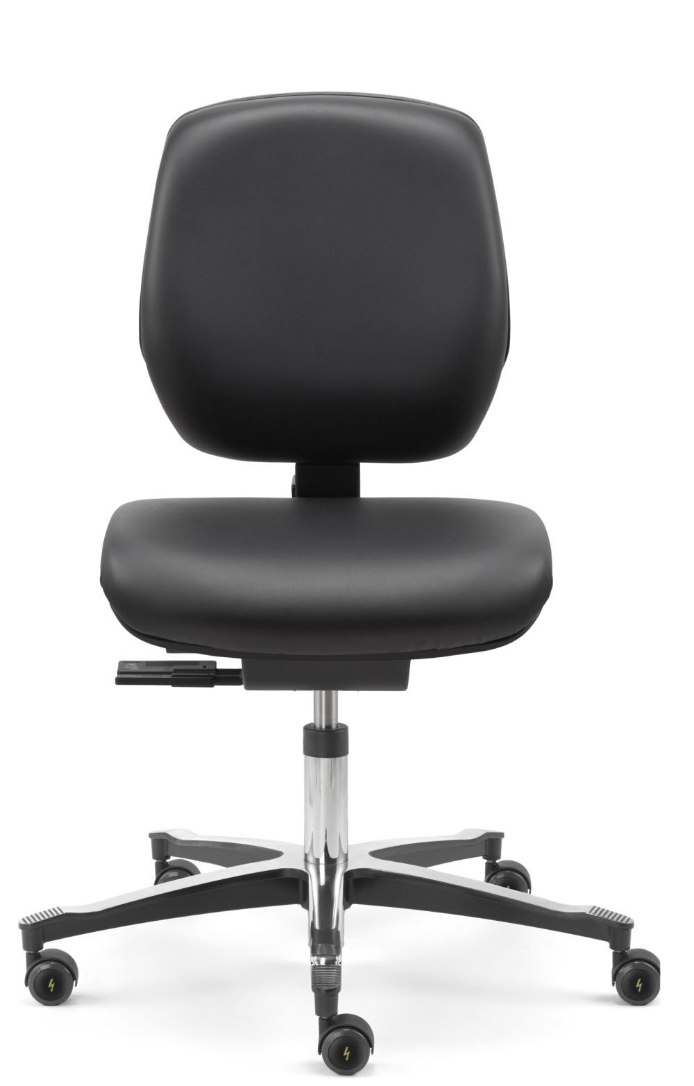 Schwarzer ergonomischer Bürostuhl mit verstellbarer Höhe und Rollen für flexibles, dynamisches Sitzen im Home-Office.