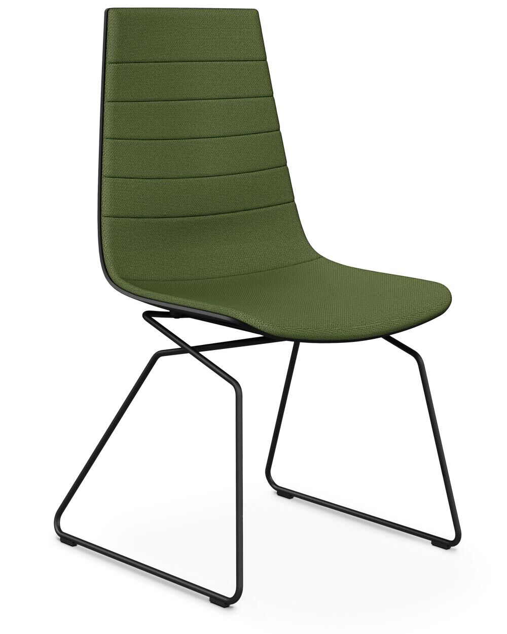 Moderner grüner Stuhl mit schwarzem Metallgestell und ergonomischem Design für komfortables Sitzen.