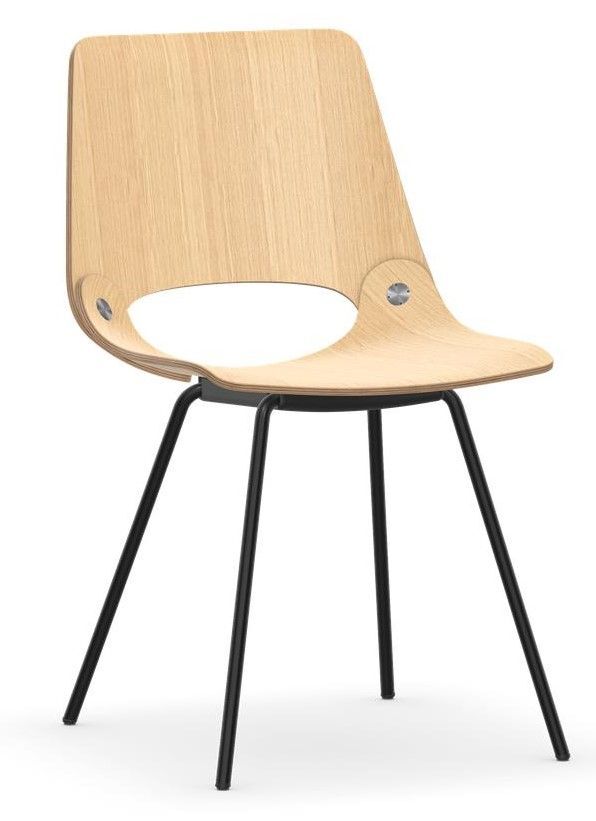 Moderner Holzstuhl mit schwarzem Metallgestell, stilvoll und ergonomisch für dynamisches Sitzen gestaltet.