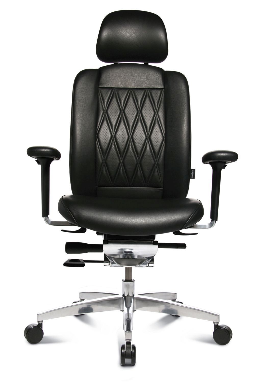 Schwarzer, ergonomischer Bürostuhl mit verstellbarer Armlehne und Kopfstütze auf fünf Rollen.