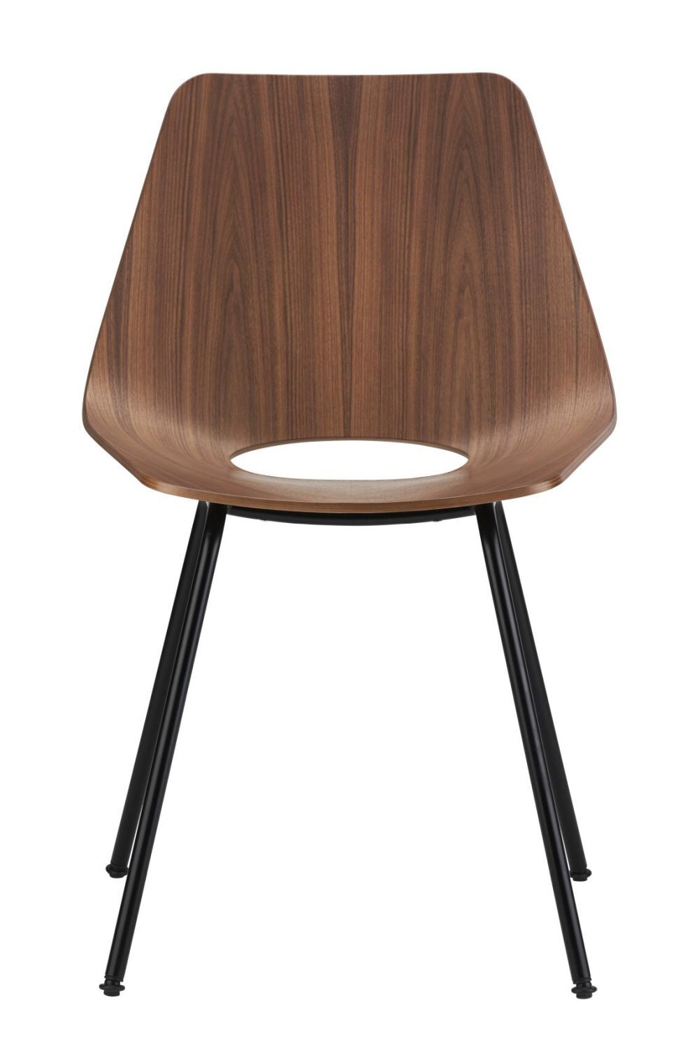 Moderner Stuhl mit Holzmaserung und schwarzen Metallbeinen, geeignet für ergonomisches Sitzen im Büro.