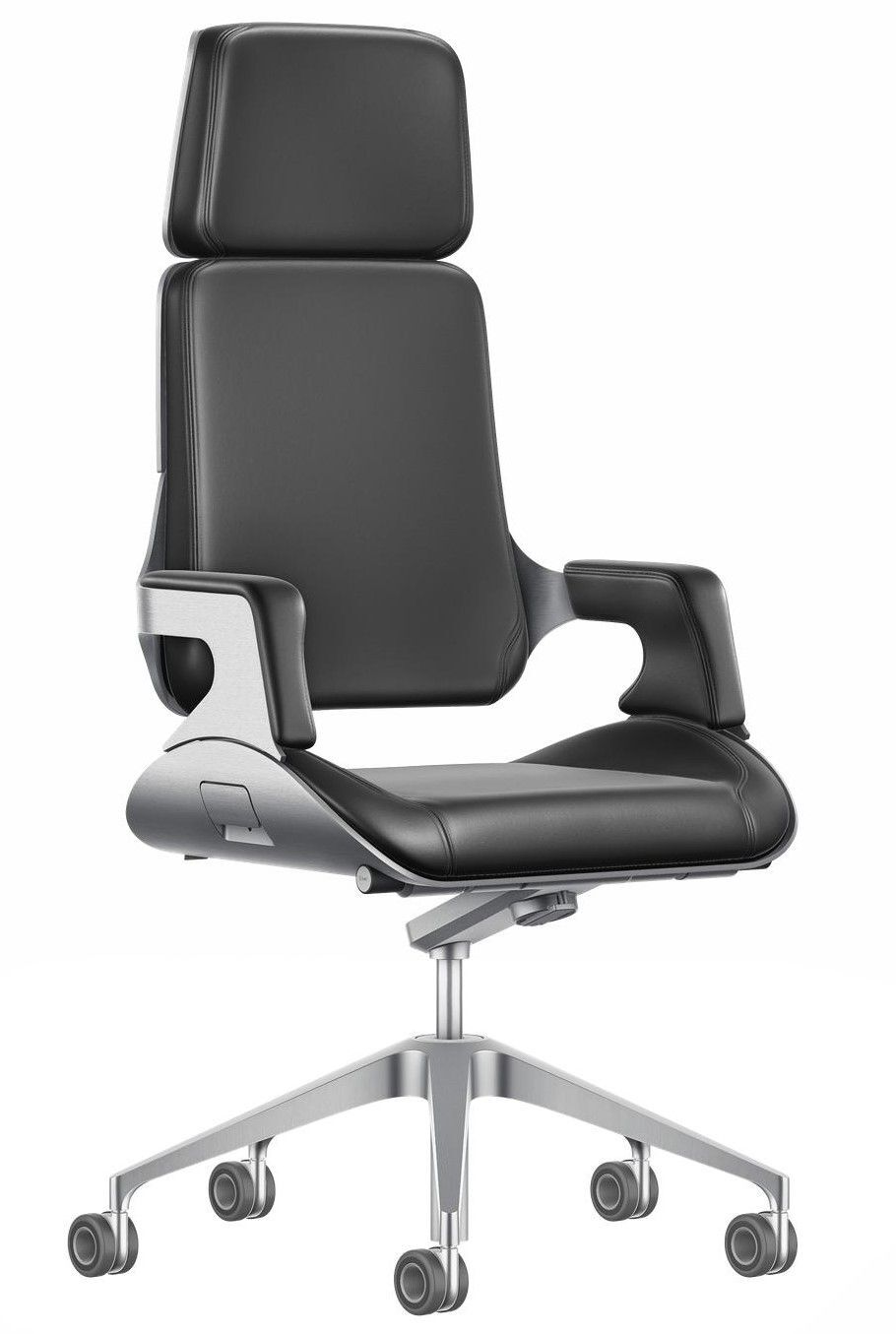 Ergonomischer Bürostuhl mit schwarzem Lederbezug, Aluminiumrahmen und verstellbarer Kopfstütze für gesundes Sitzverhalten.