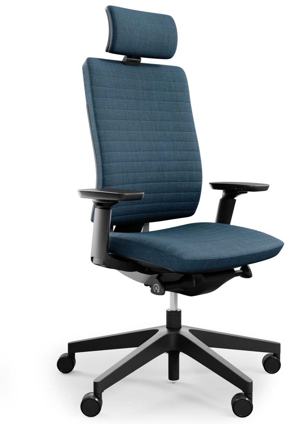 Blauer ergonomischer Bürostuhl mit verstellbaren Armlehnen und Kopfstütze, ideal für gesundes, dynamisches Sitzen.