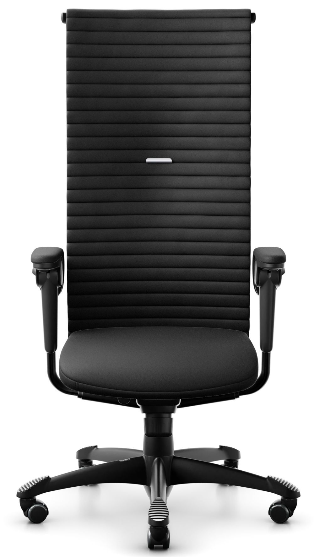 Schwarzer ergonomischer Bürostuhl mit hoher, gepolsterter Rückenlehne und verstellbaren Armlehnen für gesundes Sitzen.