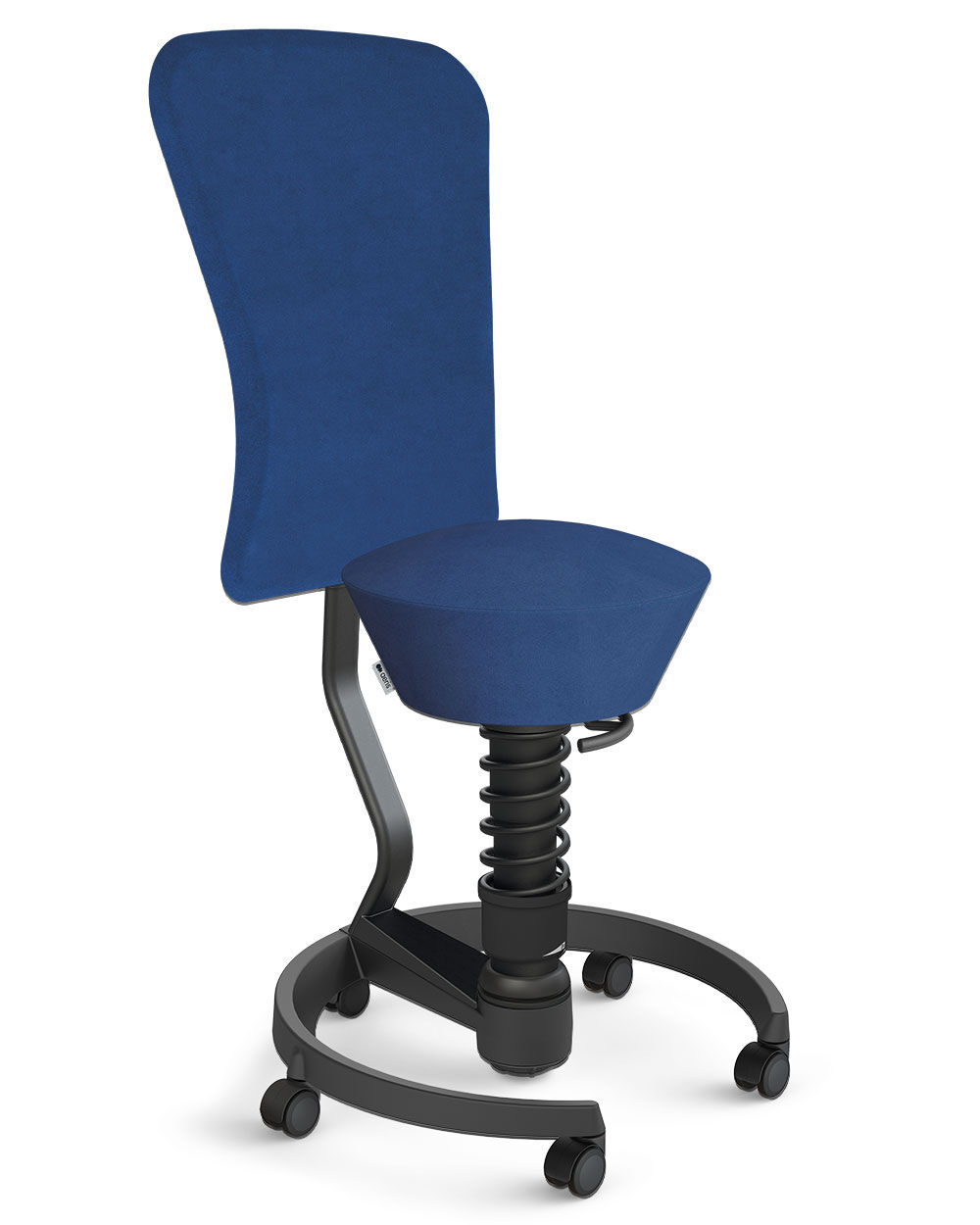 Ergonomischer Bürostuhl in Blau mit Federungsmechanismus und Rollen für bewegtes Sitzen am Arbeitsplatz.