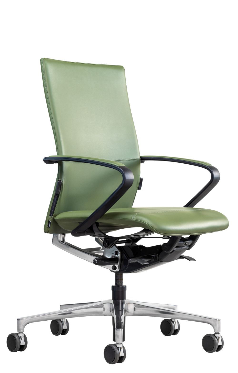 Moderner grüner ergonomischer Bürostuhl mit verstellbaren Armlehnen und Rollen, perfekt für dynamisches Sitzen.