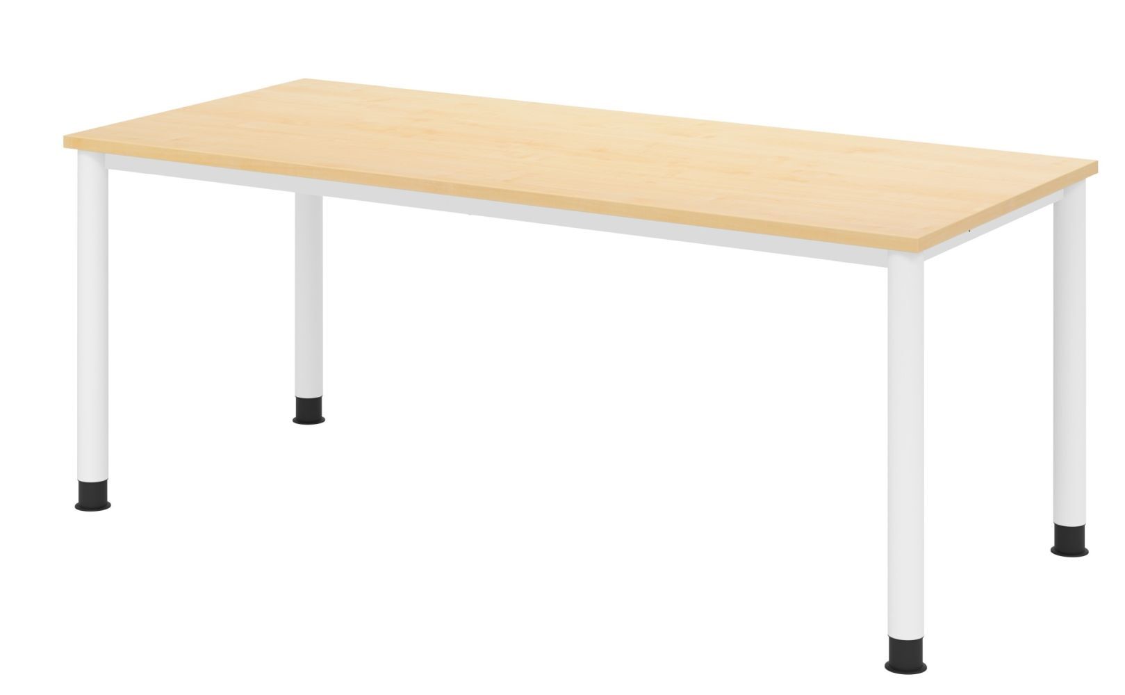 Moderner Tisch mit heller Holzplatte und weißen Metallbeinen, ideal für Büro- oder Wohnräume.