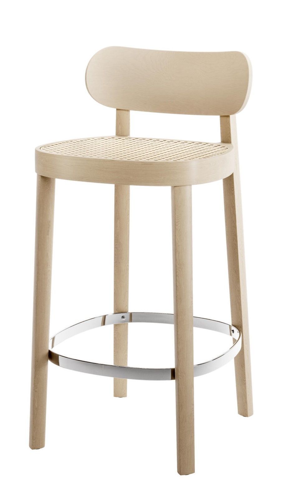 Moderner Barhocker aus hellen Holz mit Gittermuster-Sitzfläche und Rückenlehne, Metall-Fußstütze.