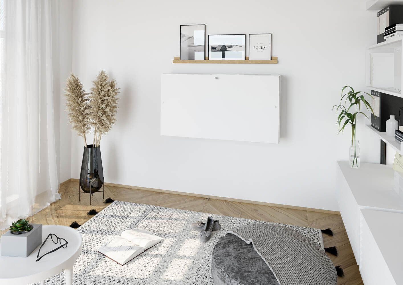 Modernes Wohnzimmer mit grauem Puff, Teppich, Pflanzen und Wandregal mit Bildern.
