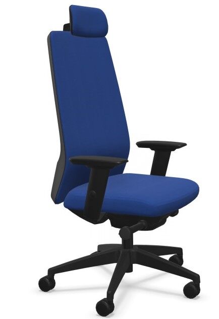 Ergonomischer Bürostuhl mit blauer Polsterung, Kopfstütze und verstellbaren Armlehnen auf schwarzem Drehfuß.