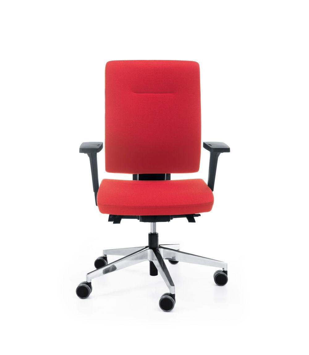 Moderner roter ergonomischer Bürostuhl mit Armlehnen und verstellbarer Sitzhöhe auf Rollen.