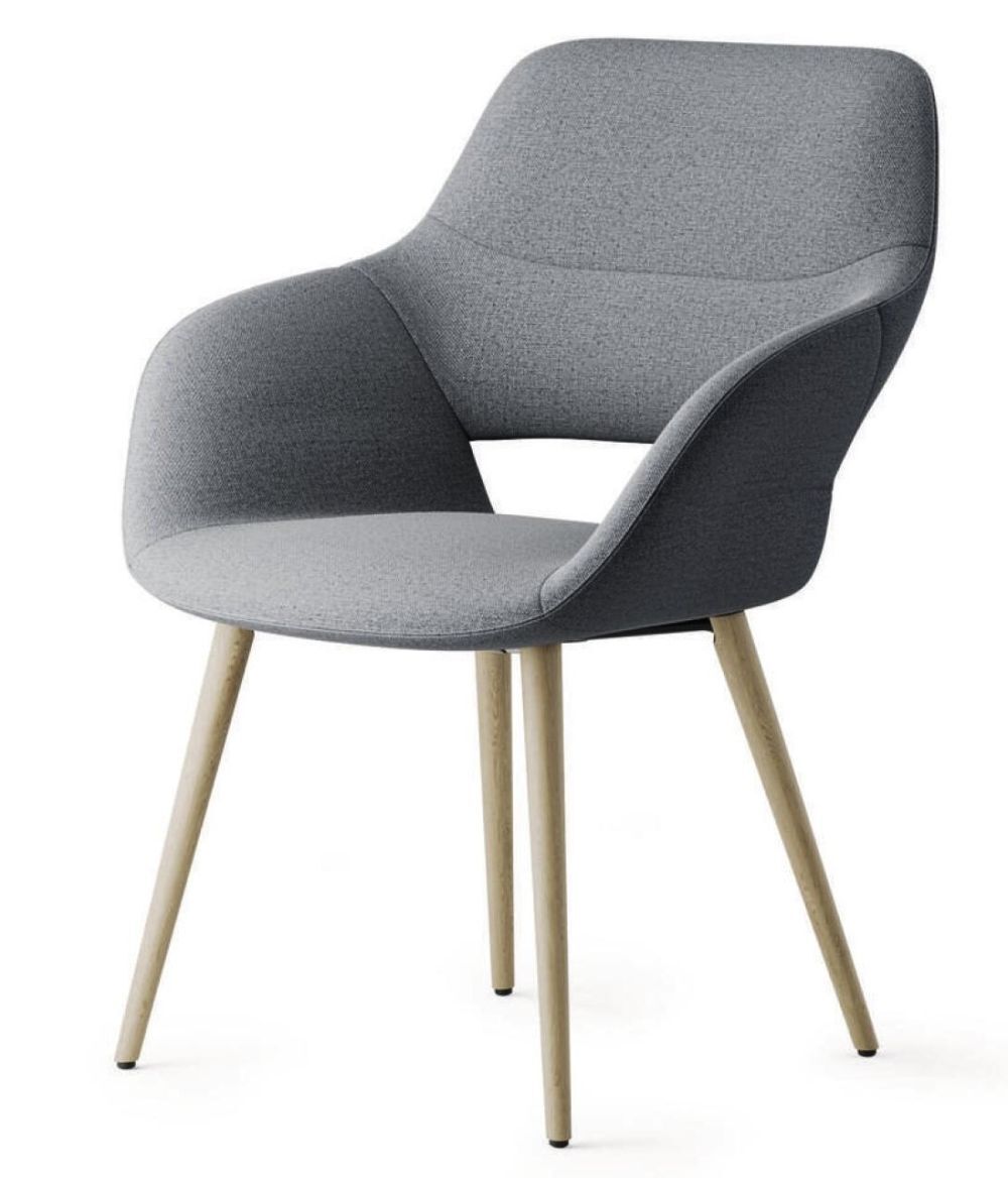 Grauer ergonomischer Stuhl mit gepolsterter Sitzfläche und Holzbeinen, geeignet für Büro oder Arbeitszimmer.