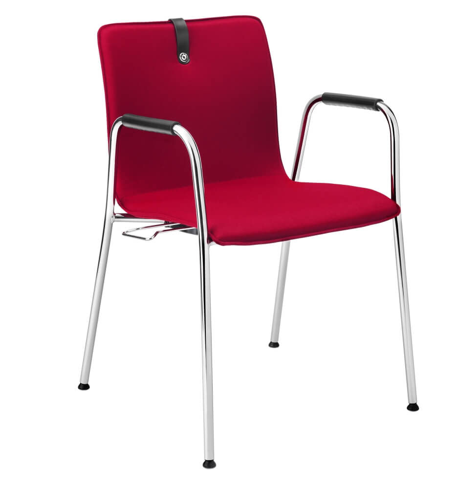 Moderner roter Stuhl mit Metallbeinen und Armlehnen, ideal für ergonomisches und stilvolles Sitzen.