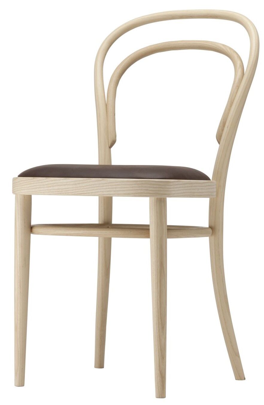Moderner Holzstuhl mit brauner Sitzfläche und geschwungener Rückenlehne, ideal für ergonomische Sitzlösungen.