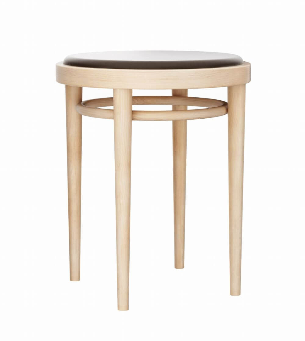 Holzhocker mit runder Sitzfläche und vier Beinen, geeignet für ergonomische Sitzlösungen.