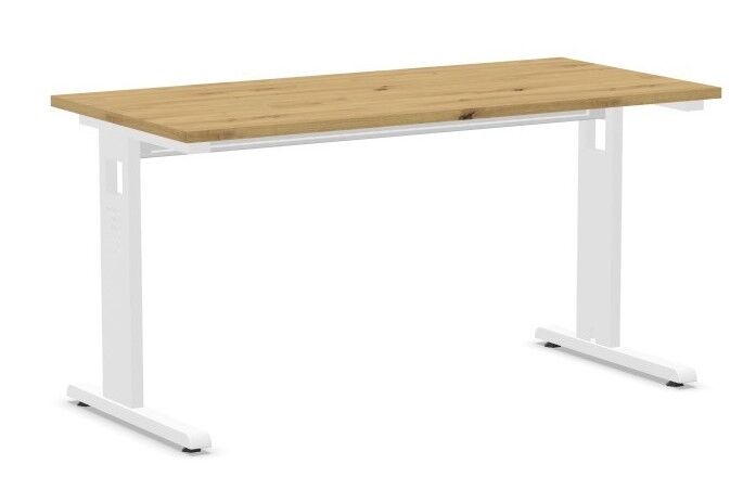 Moderner Schreibtisch mit heller Holzplatte und weißem Metallgestell, ideal für ergonomische Arbeitsumgebungen.